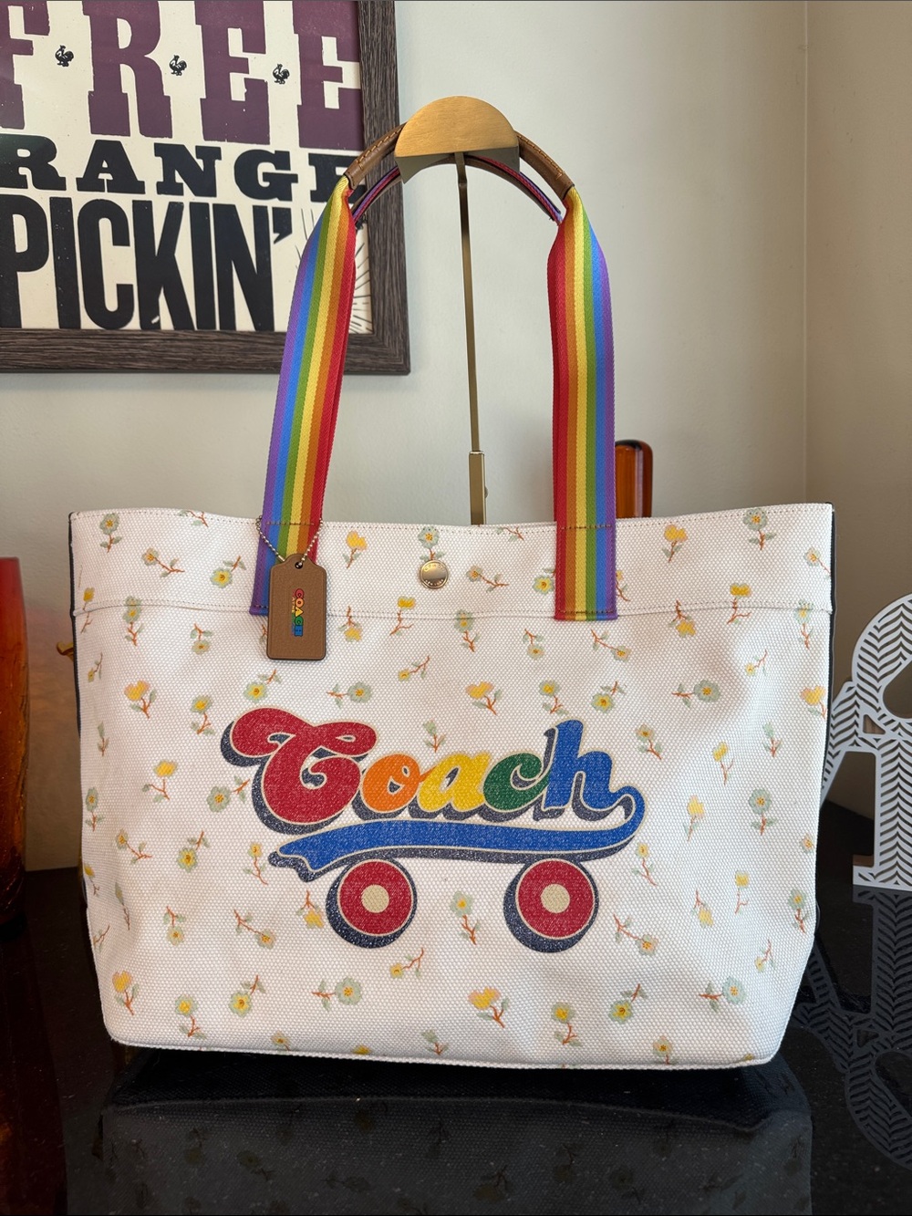 Coach White Canvas Tote with Rainbow Logo and Rainbow Webbing Handles